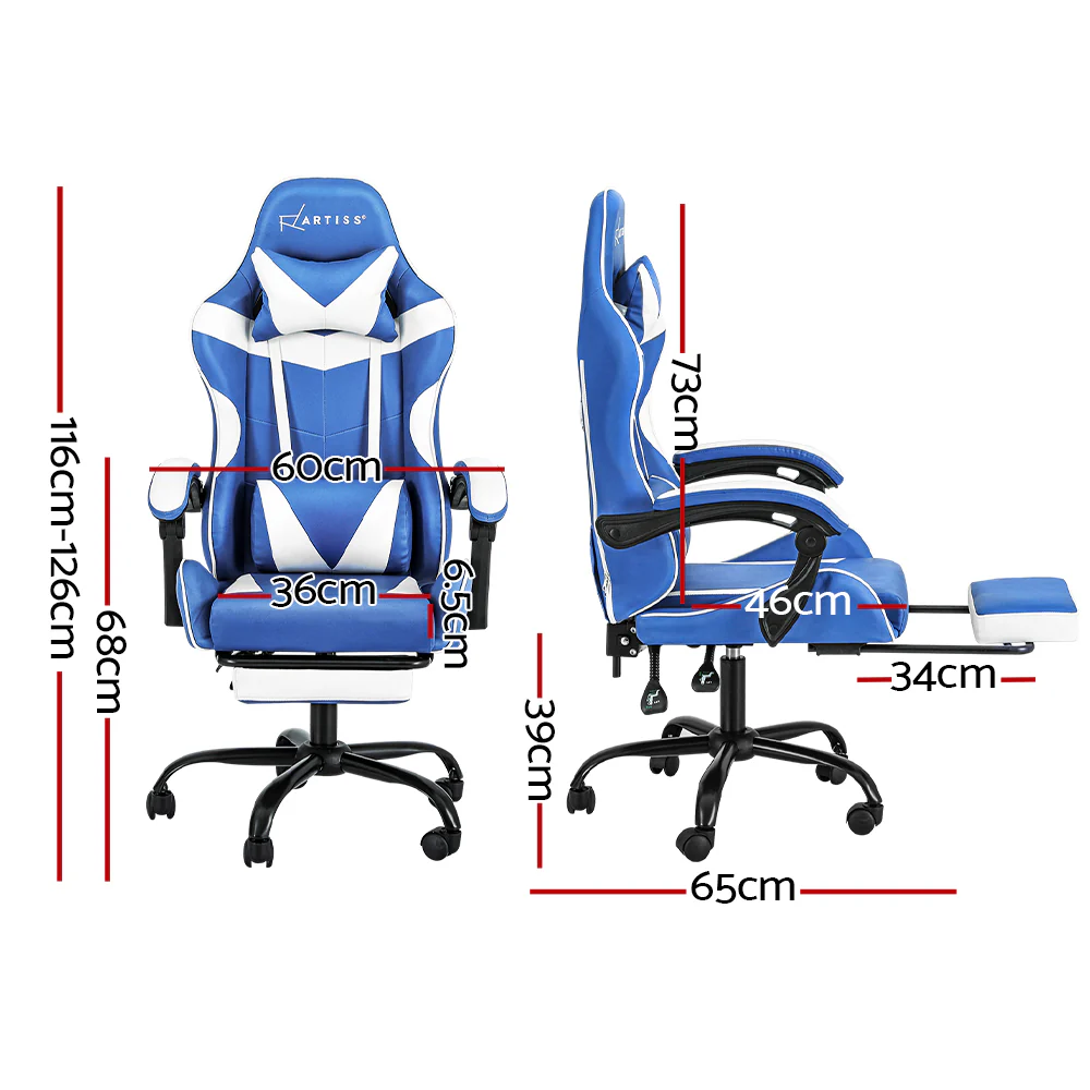 Gaming Office Chair Executive Computer Leather Chairs Footrest Blue White - Image 2