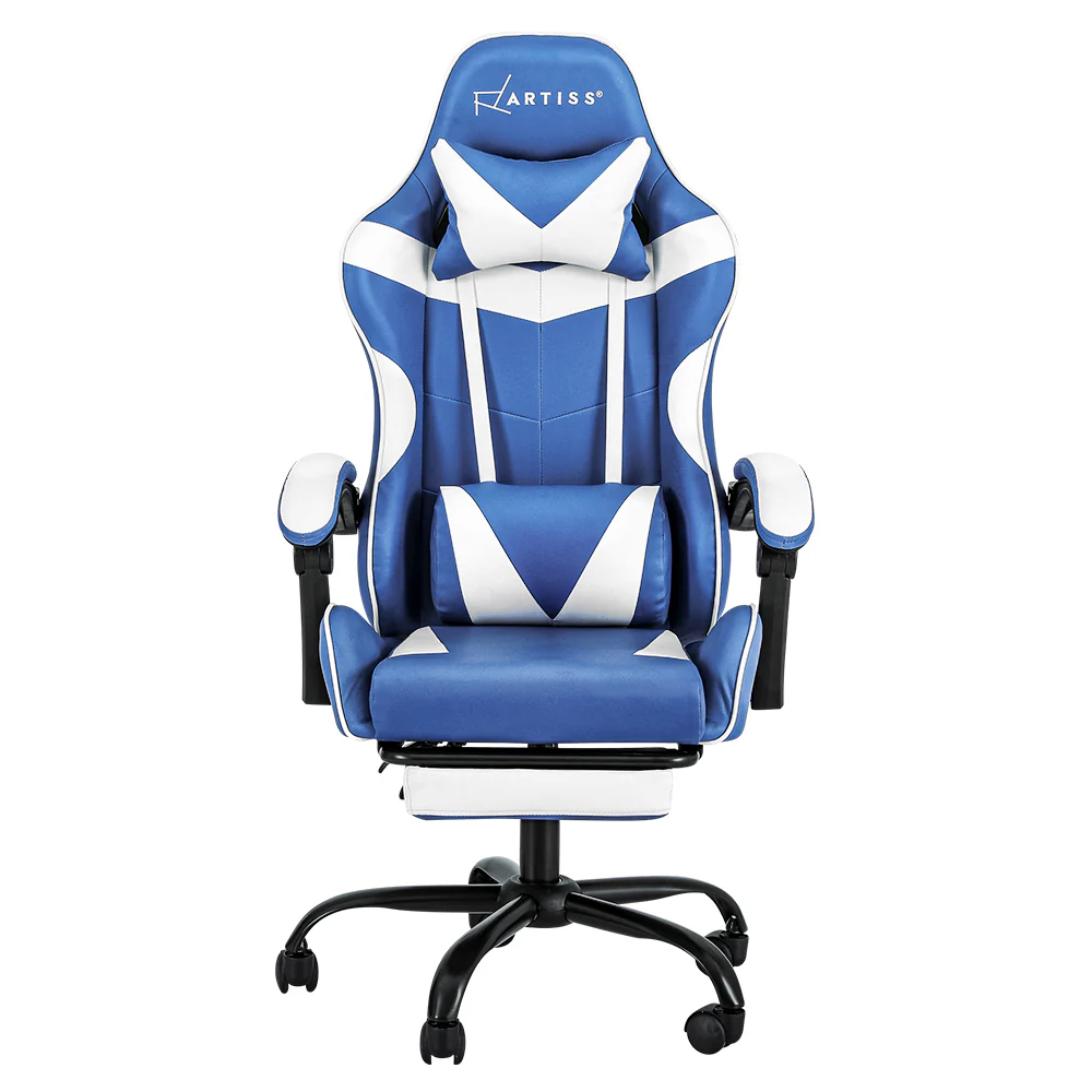 Gaming Office Chair Executive Computer Leather Chairs Footrest Blue White - Image 3
