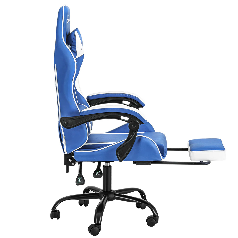 Gaming Office Chair Executive Computer Leather Chairs Footrest Blue White - Image 4