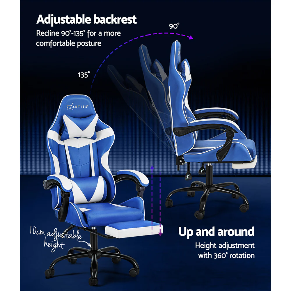 Gaming Office Chair Executive Computer Leather Chairs Footrest Blue White - Image 5