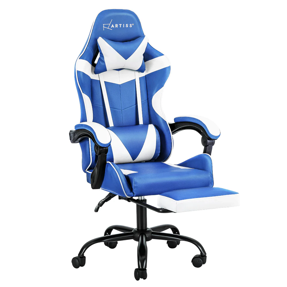 Gaming Office Chair Executive Computer Leather Chairs Footrest Blue White - Image 7