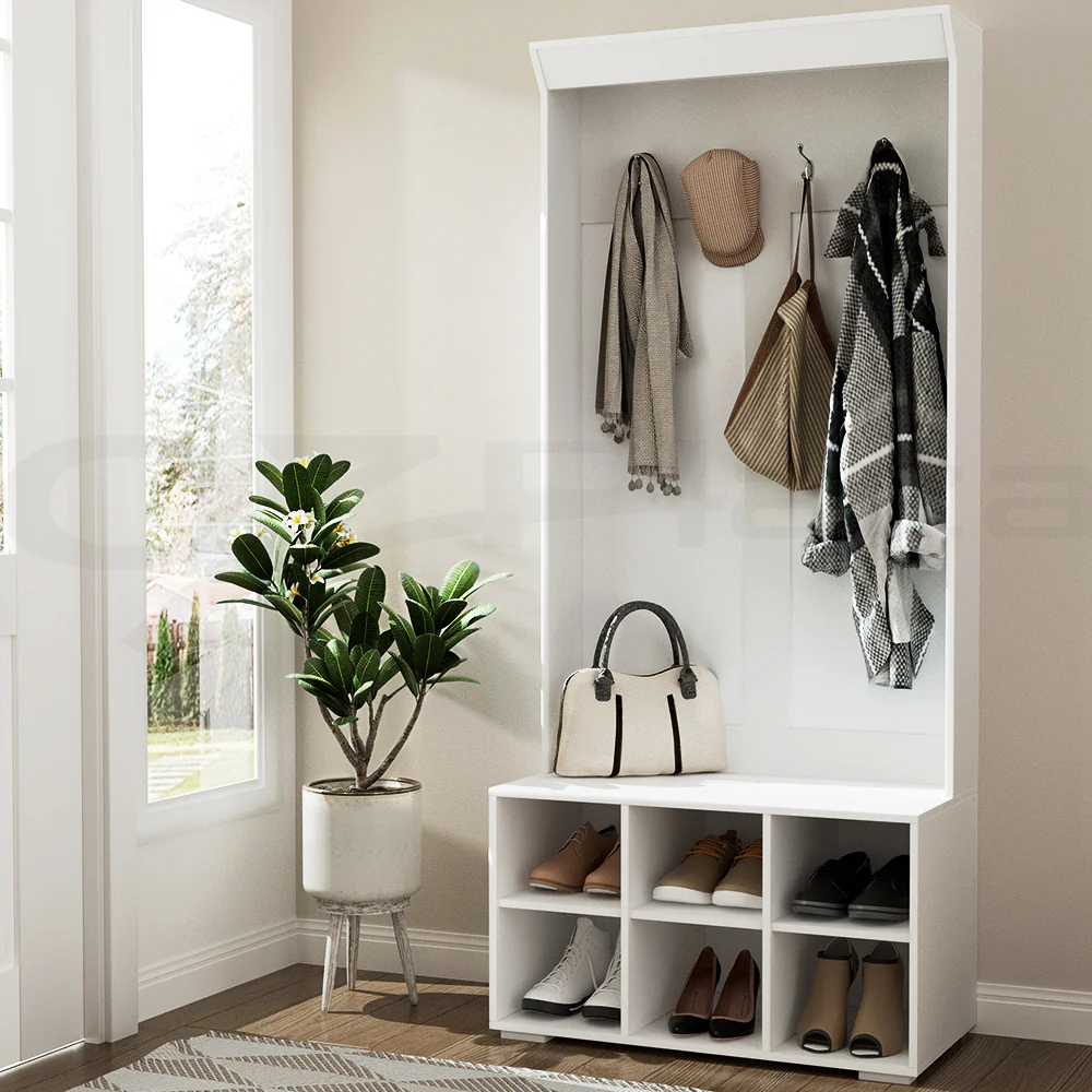 Hall Tree Shoe Rack Cabinet with Coat Hooks & Bench – White