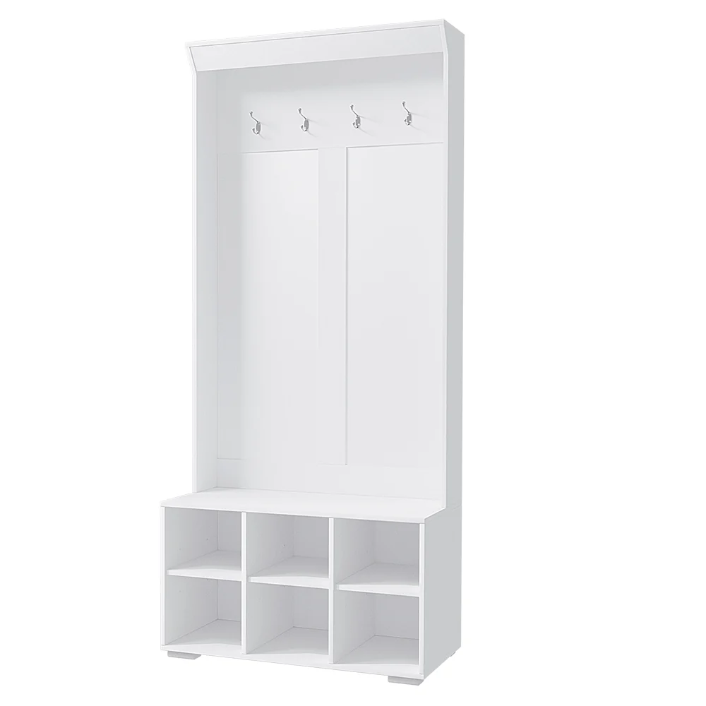 Hall Tree Shoe Rack Cabinet with Coat Hooks & Bench – White - Image 2
