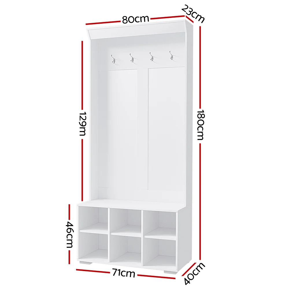 Hall Tree Shoe Rack Cabinet with Coat Hooks & Bench – White - Image 4