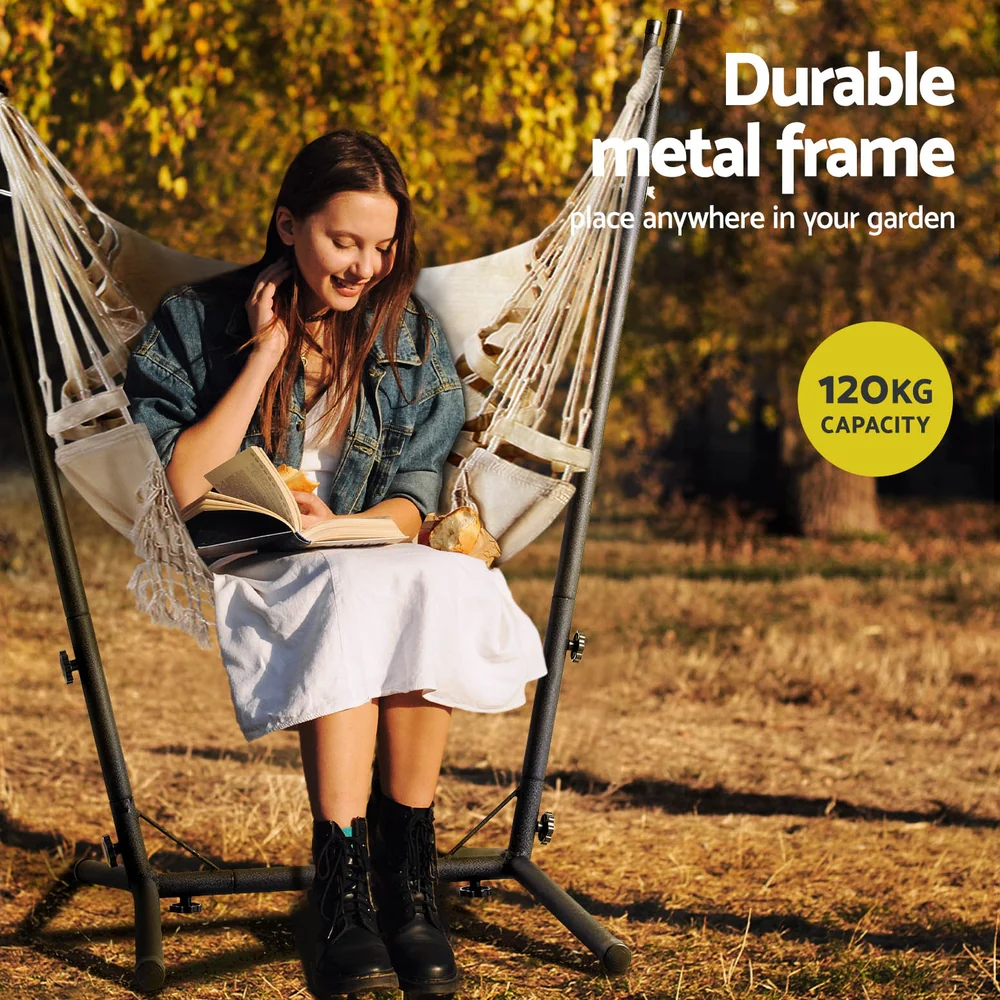 Hammock Chair Outdoor Camping Hanging with Stand Cream - Image 4