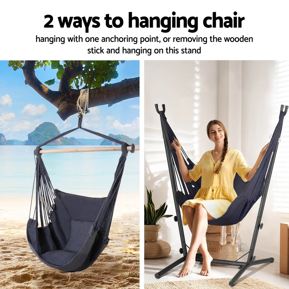 Hammock Chair Outdoor Camping Hanging with Stand Grey - Image 5