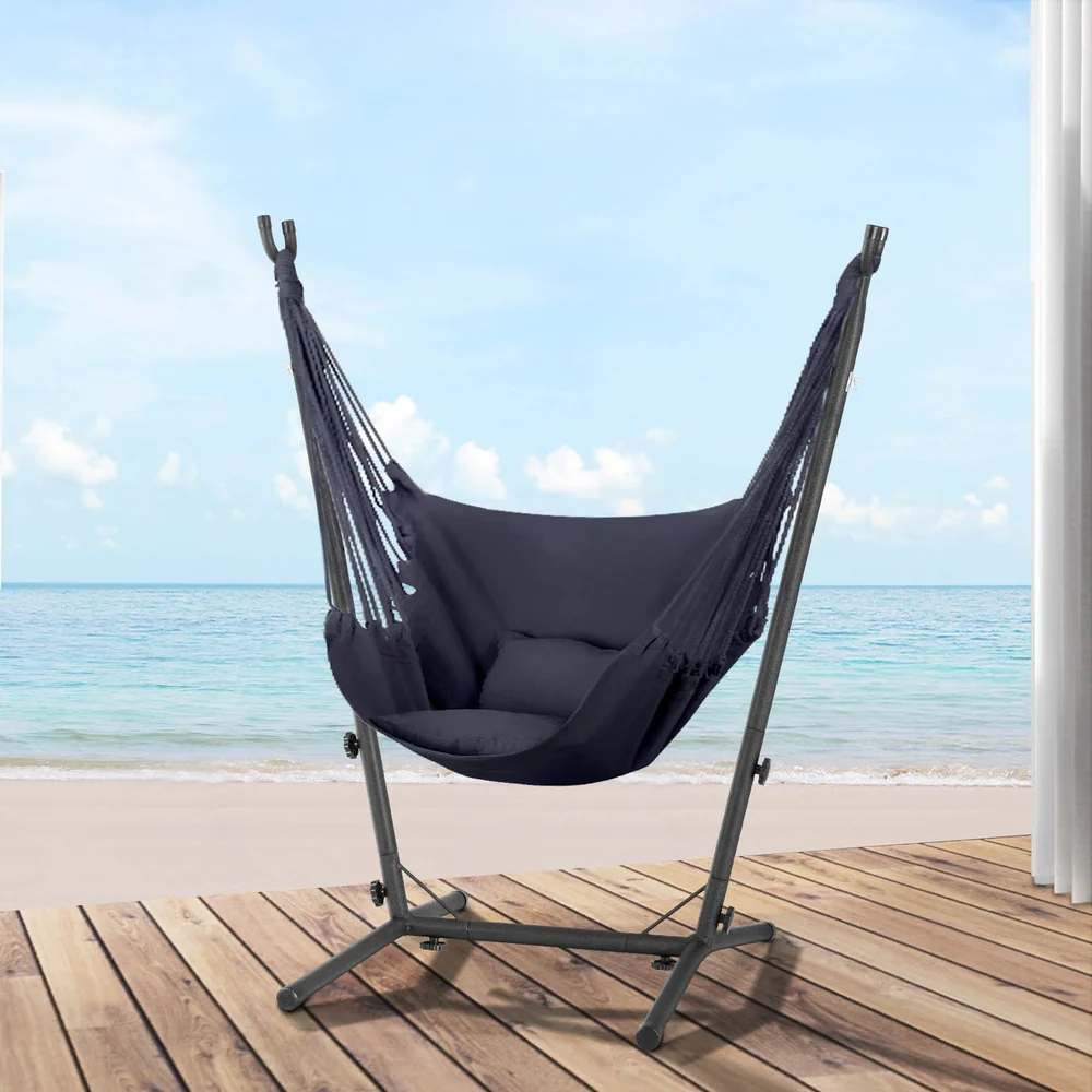 Hammock Chair Outdoor Camping Hanging with Stand Grey - Image 7