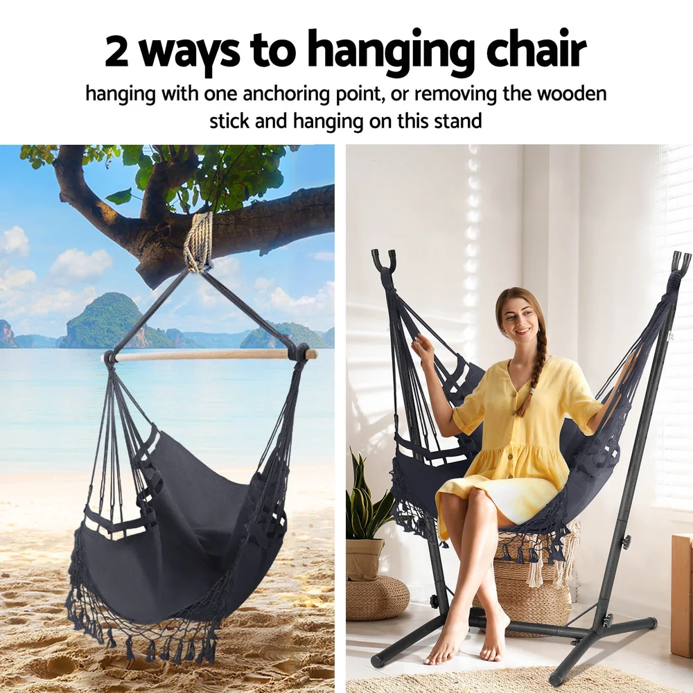 Hammock Chair Outdoor Camping Hanging with Stand Grey - Image 5