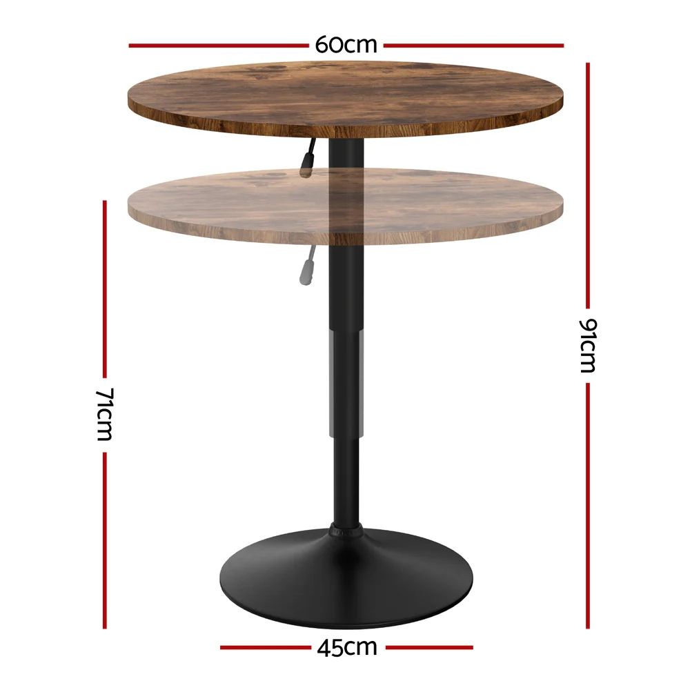Height Adjustable Bar Table 360 Swivel Round Gaslift Design 60cm Rustic Brown Black - Image 2