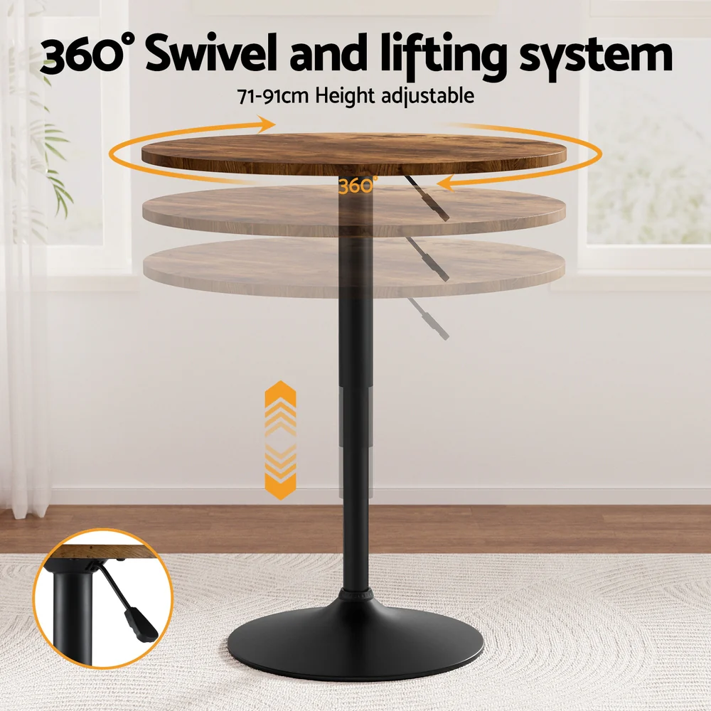 Height Adjustable Bar Table 360 Swivel Round Gaslift Design 60cm Rustic Brown Black - Image 4