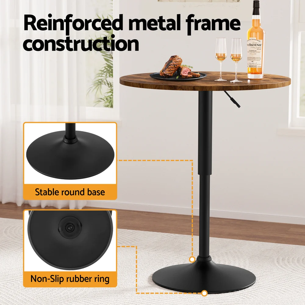 Height Adjustable Bar Table 360 Swivel Round Gaslift Design 60cm Rustic Brown Black - Image 6