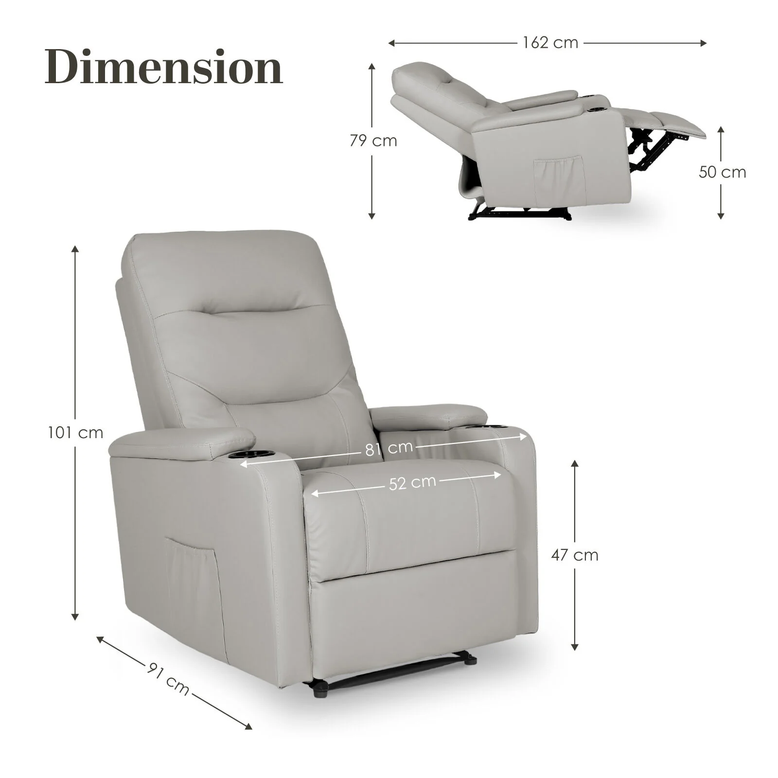 Home Recliner Chair - PU Leather Sofa Lounge Armchair DAKOTA GREY - Image 10
