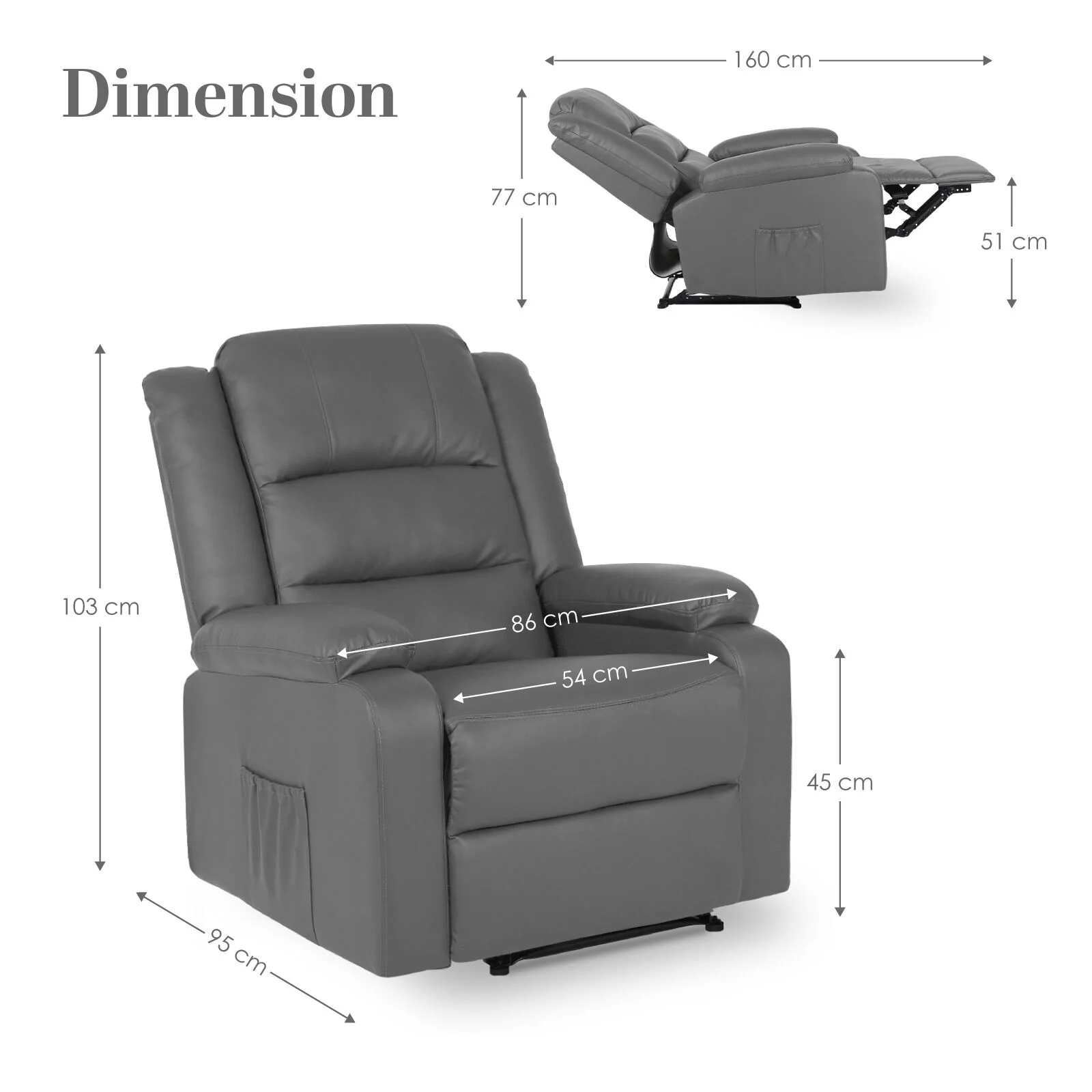 Home Recliner Chair - PU Leather Sofa Lounge Armchair MARLO GREY - Image 11