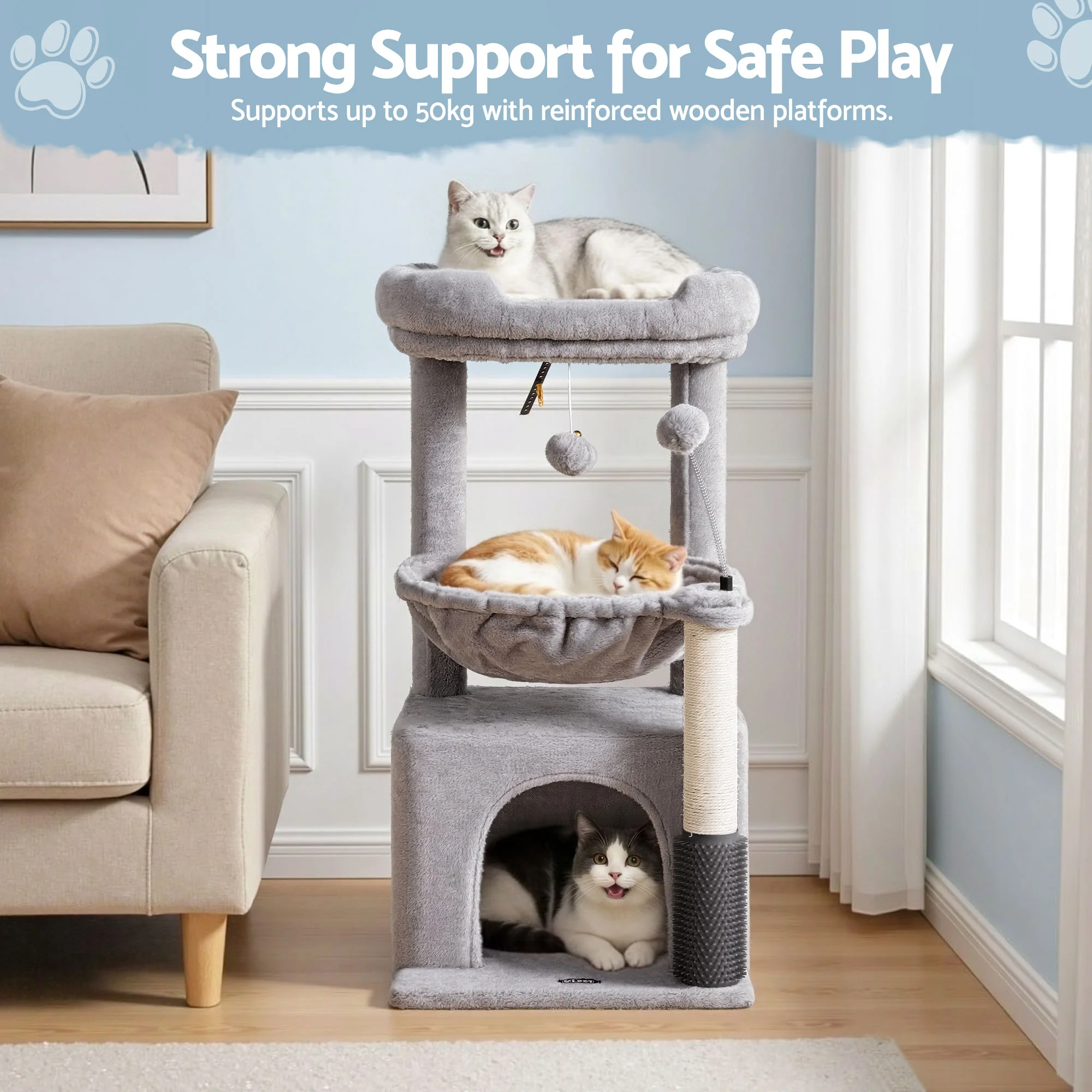 i.Pet Cat Tree Tower 82cm Scratching Post Furniture Scratcher House - Light Grey - Image 9