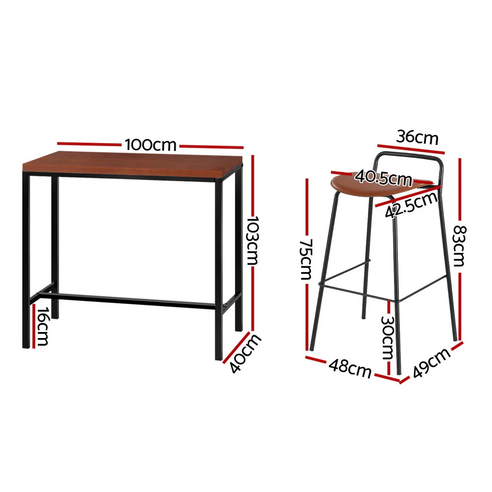Industrial Bar Table and Stools Set – Brown & Black (Set of 3) - Image 3