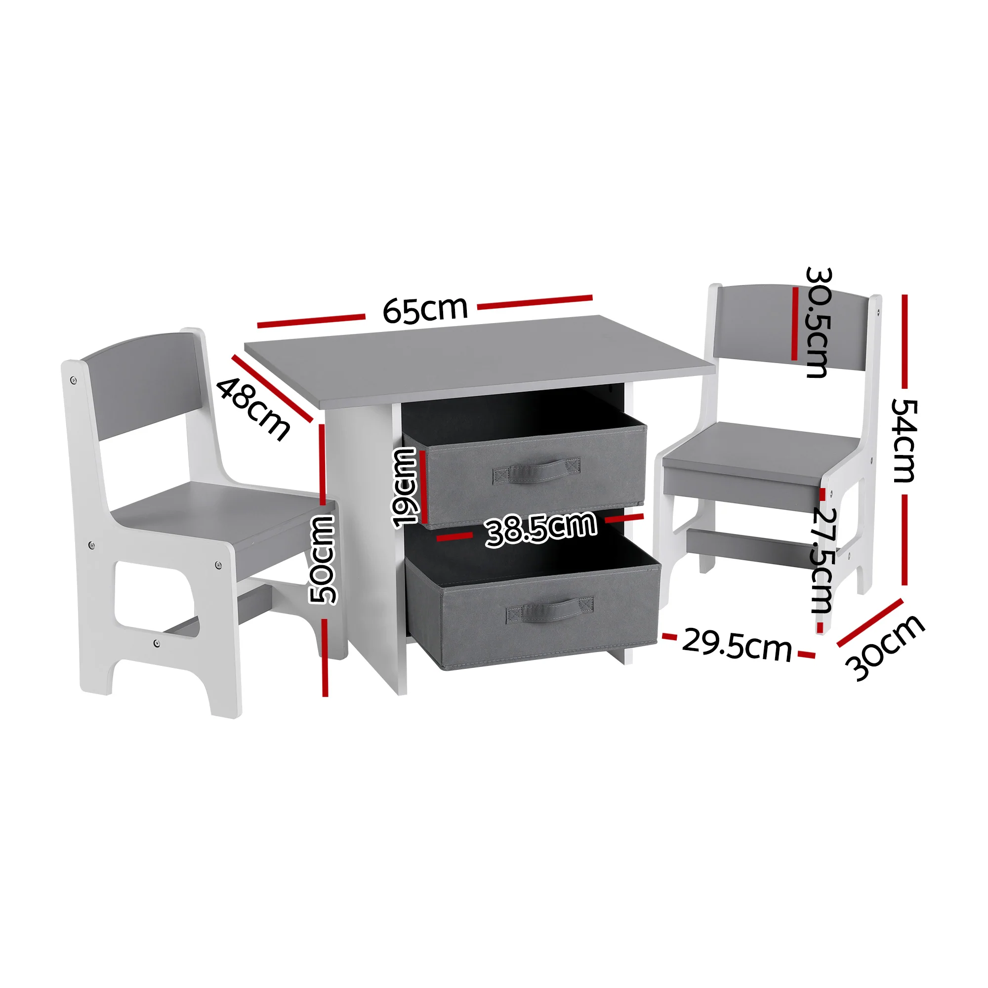 Kids Table and 2 Chairs Activity Set with Storage Drawers for Drawing, Reading, Crafts, Eating - Grey - Image 2