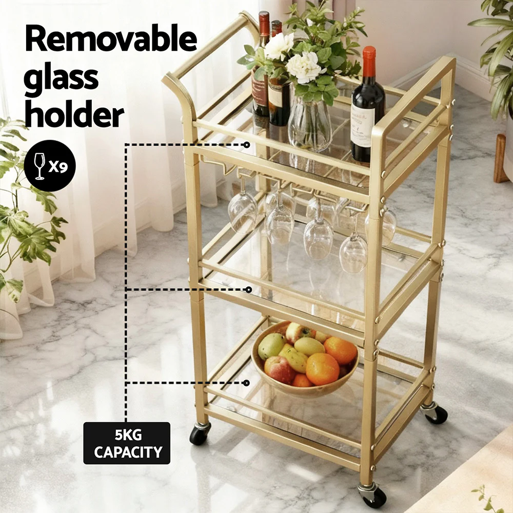 Kitchen Island Cart Trolley Rolling Serving Storage Wine Glass 43cm Gold - Image 5