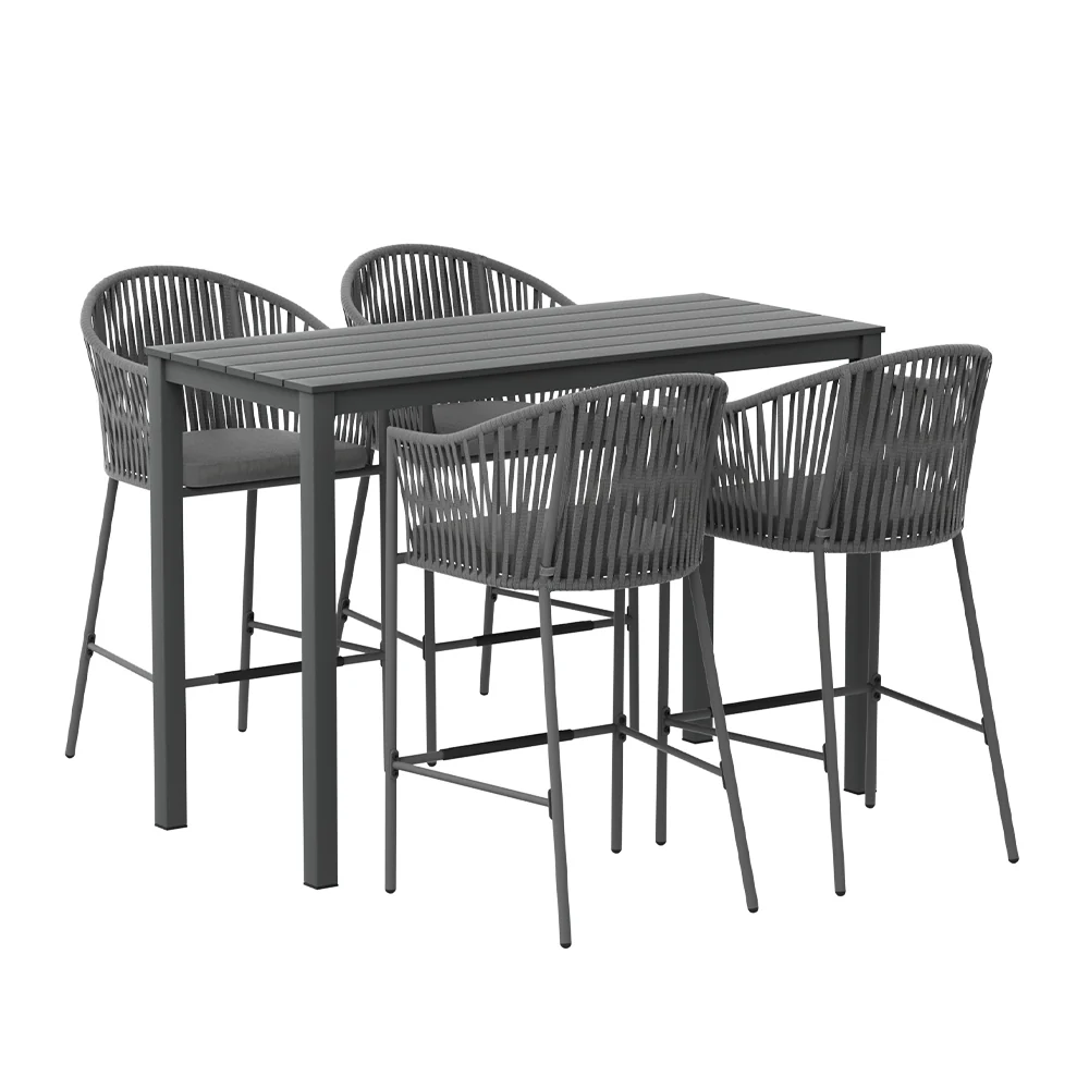 Lynora 5 Piece Outdoor Bar Setting with Handwoven Rope Design - Grey - Image 3