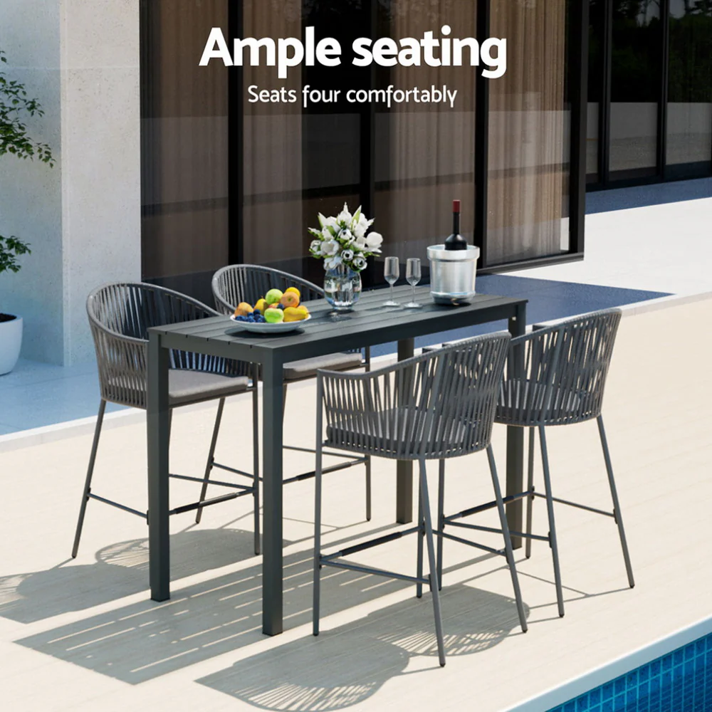 Lynora 5 Piece Outdoor Bar Setting with Handwoven Rope Design - Grey - Image 4