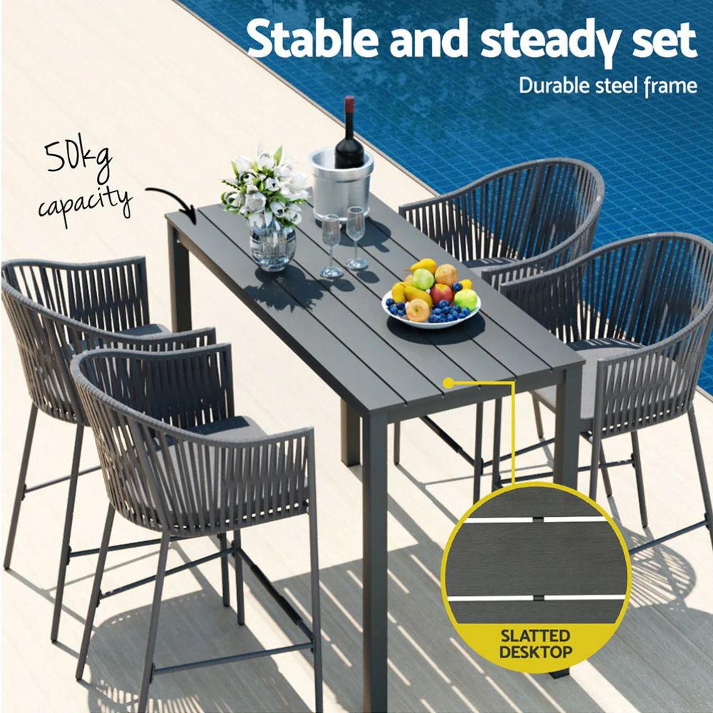 Lynora 5 Piece Outdoor Bar Setting with Handwoven Rope Design - Grey - Image 5