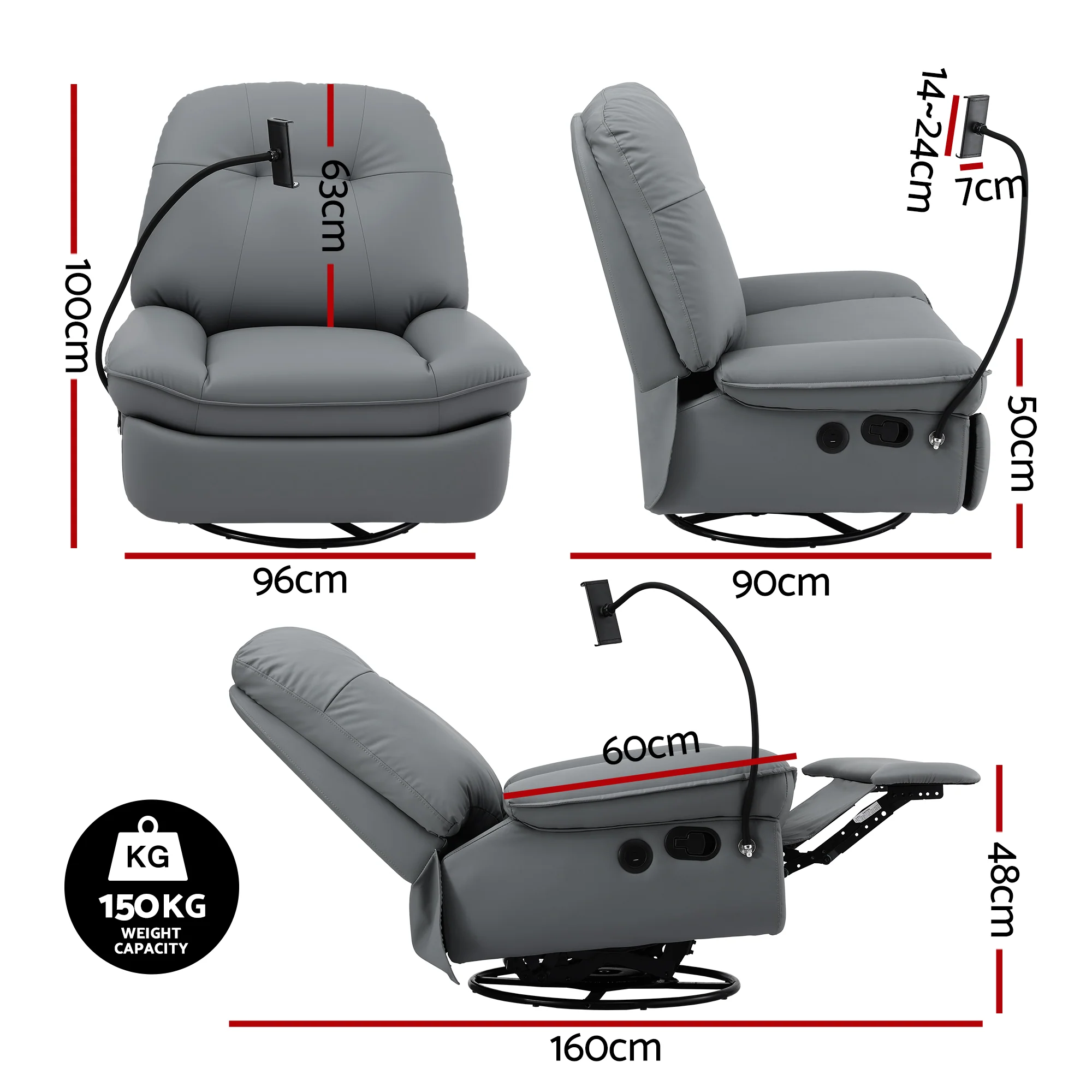 Manual Swivel Rocker Recliner with USB Ports and Phone Holder - Grey - Image 2