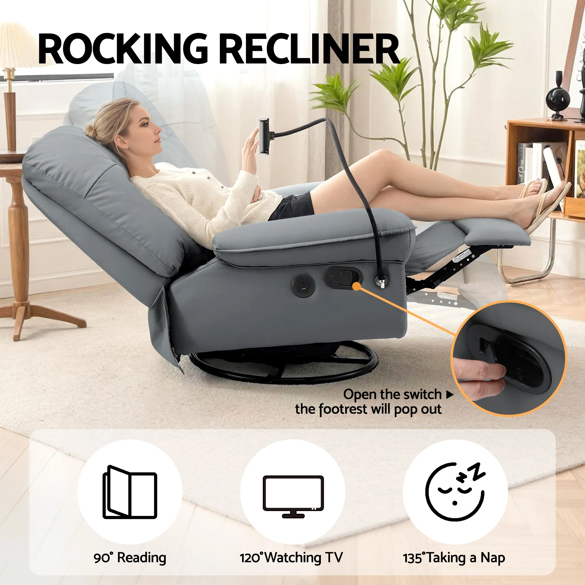Manual Swivel Rocker Recliner with USB Ports and Phone Holder - Grey - Image 4
