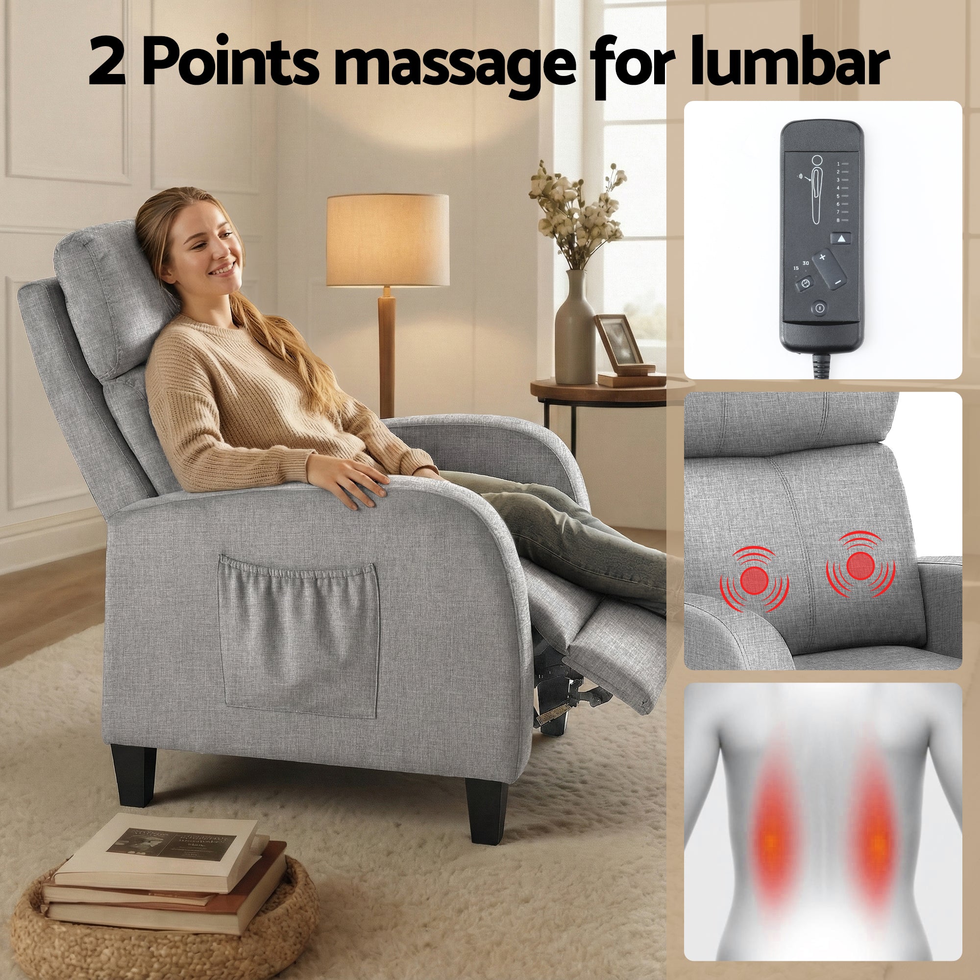Massage Recliner Chair Small Recliner Sofa with Fabric Upholstery - Grey - Image 6