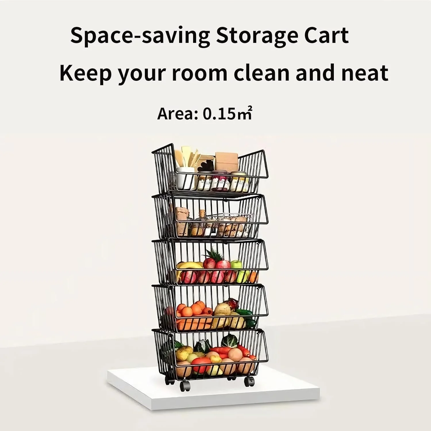 Metal 5-Tier Rolling Vegetable and Fruit Basket Cart Stand for Kitchen - Image 7