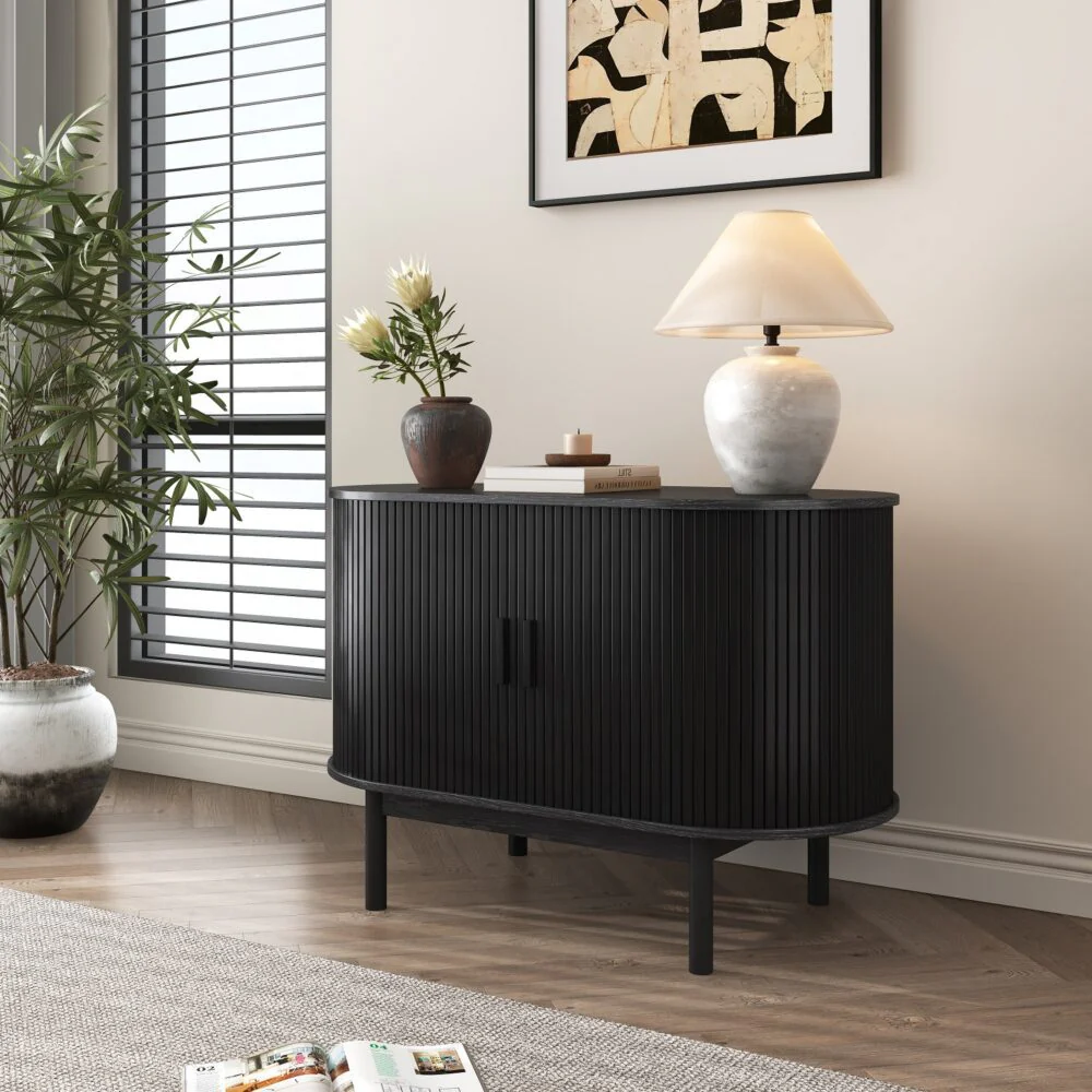 Mid-Century Black Ribbed Sideboard Cabinet - Image 3