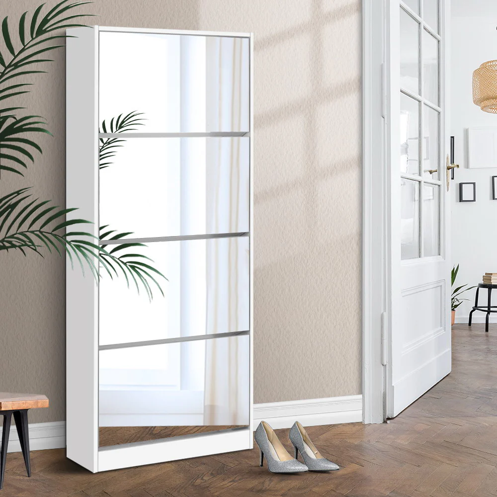 Mirror Shoe Cabinet – White (4 Compartments, Holds up to 60 Pairs)