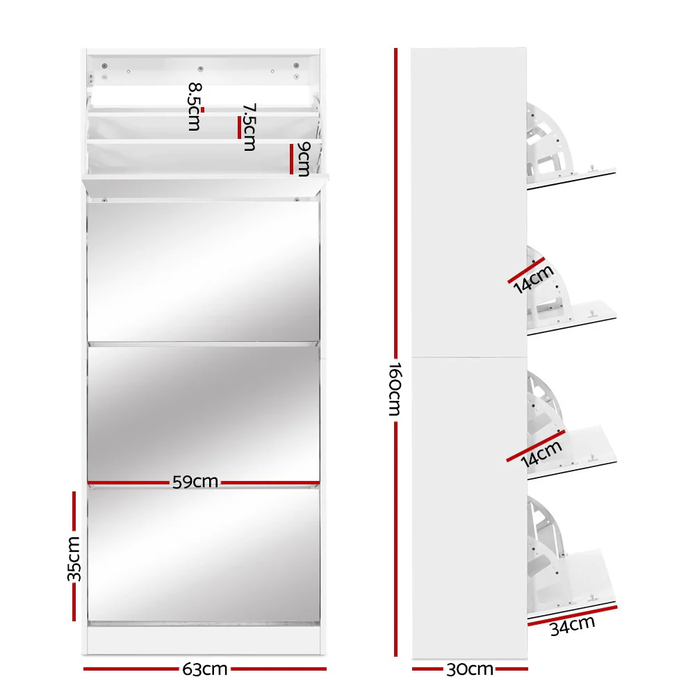 Mirror Shoe Cabinet – White (4 Compartments, Holds up to 60 Pairs) - Image 3