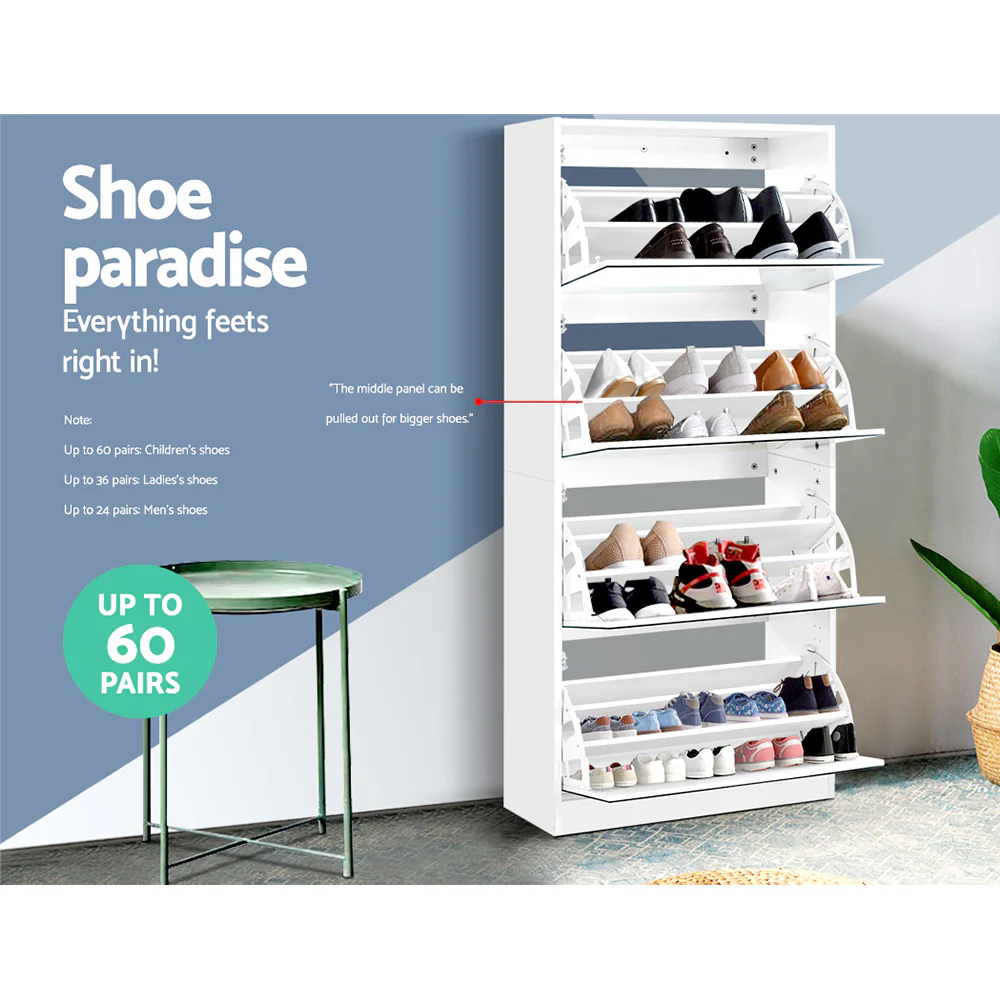 Mirror Shoe Cabinet – White (4 Compartments, Holds up to 60 Pairs) - Image 4