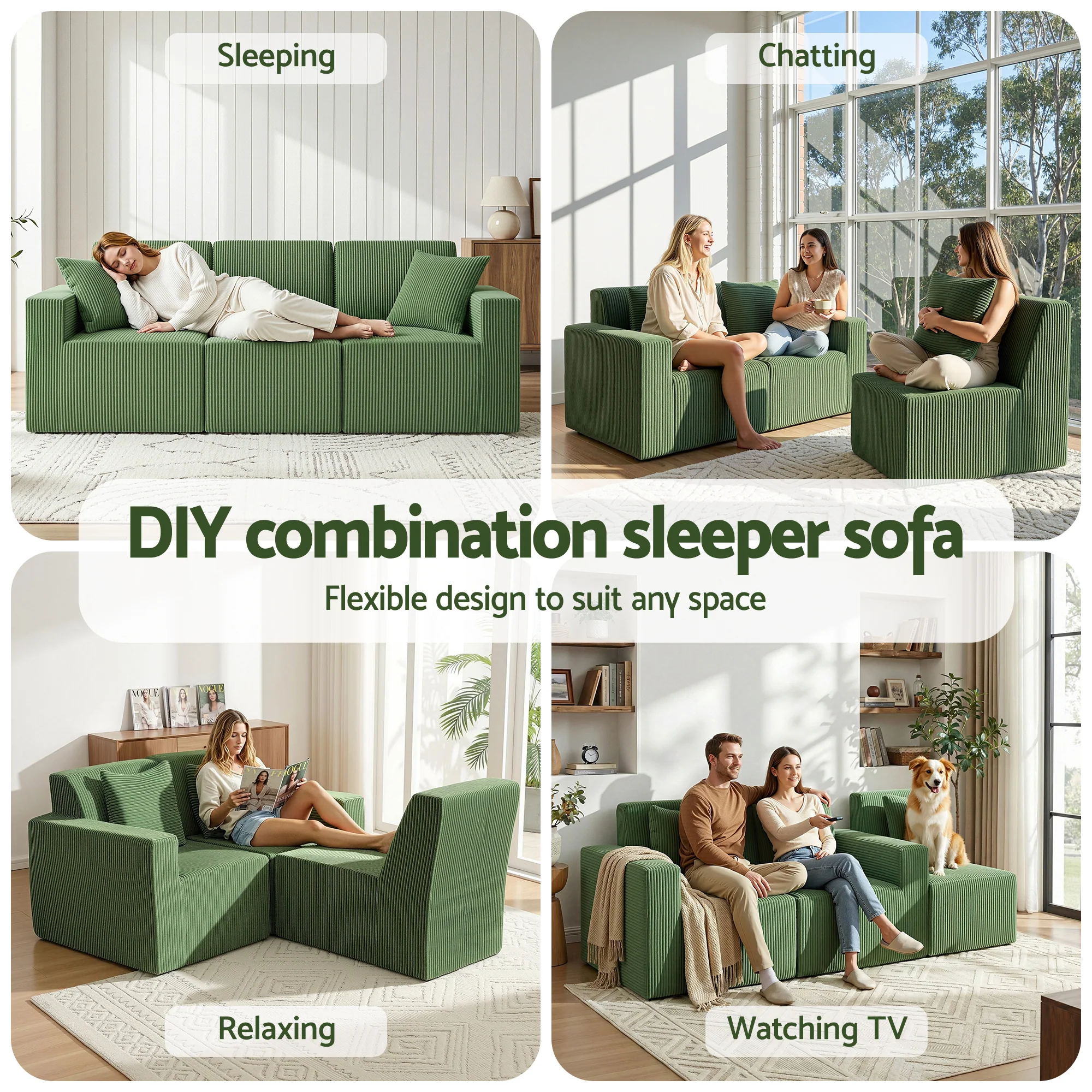 Modular 3-Seater Convertible Sofa Bed Sectional with Deep Seat - Green - Image 5