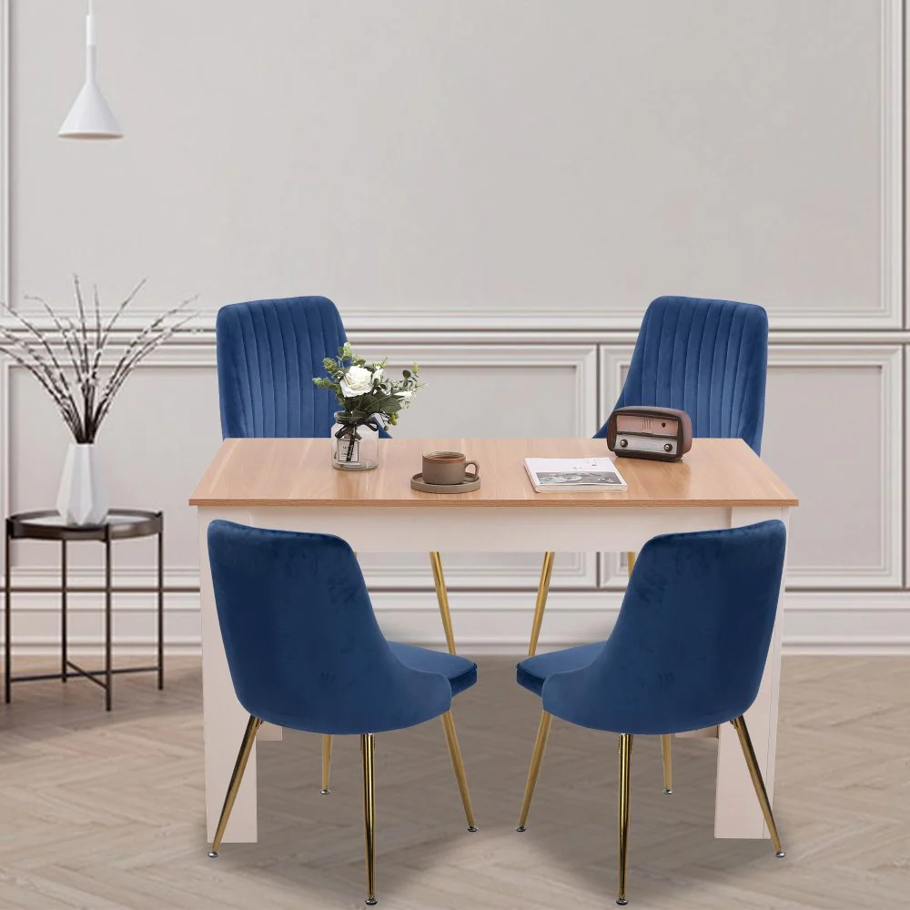 Natural Eveline Dining Set With 4 Blue Velvet Chairs - Image 2