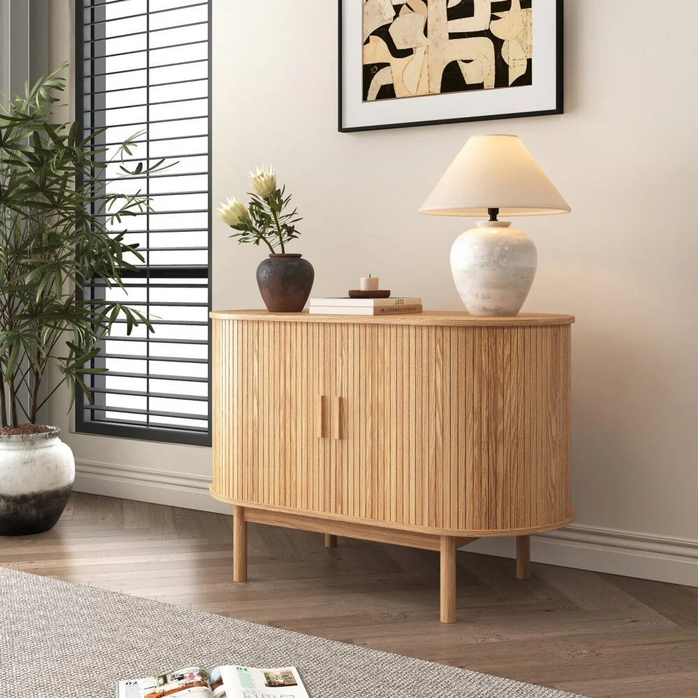 Natural Wood Ribbed Sideboard Cabinet - Image 2