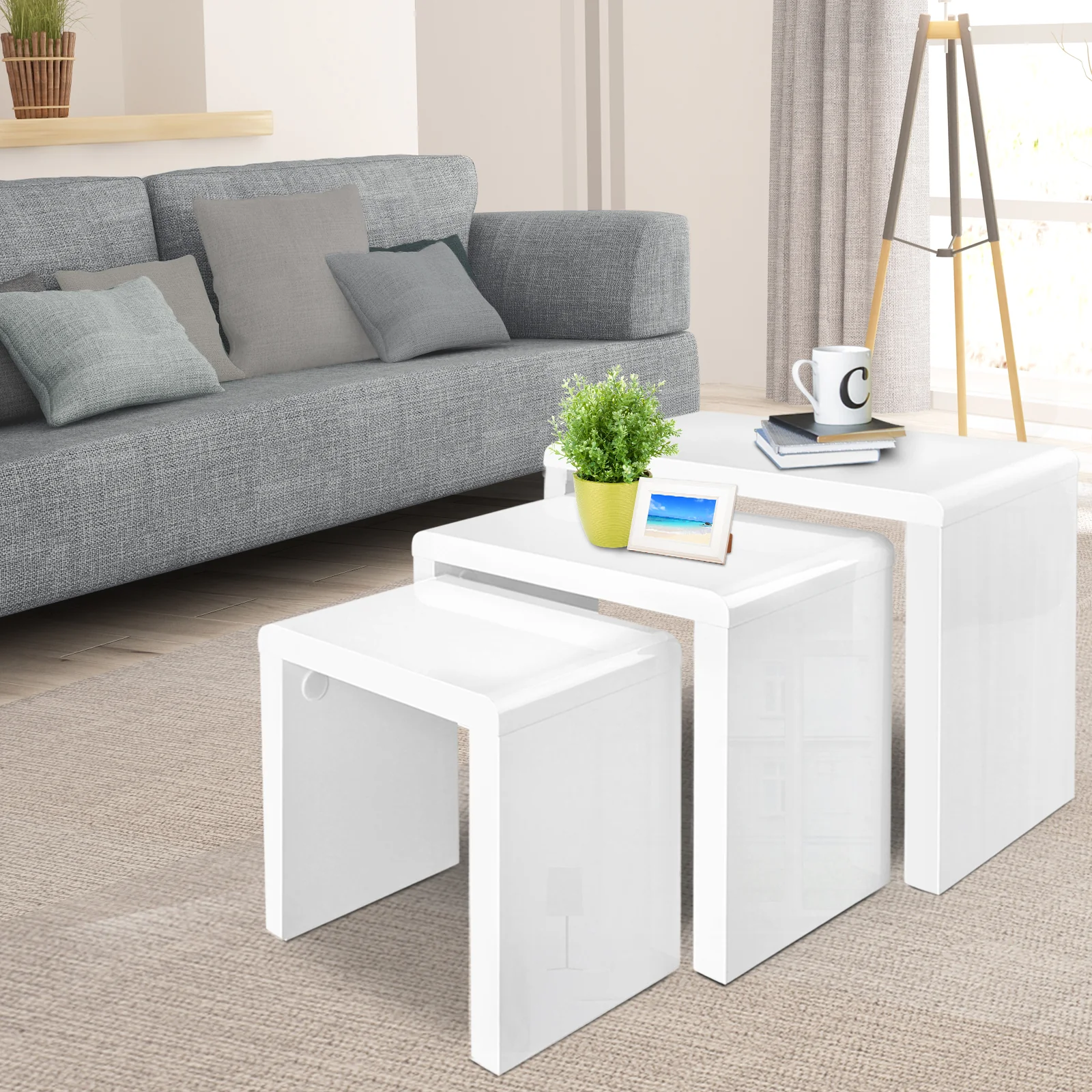 Nesting Coffee Table Set of 3 Glossy White - Image 8