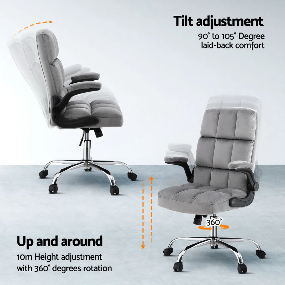 Office Chair Velvet Seat Racing Gaming Computer Desk Chairs Armrest Grey - Image 4