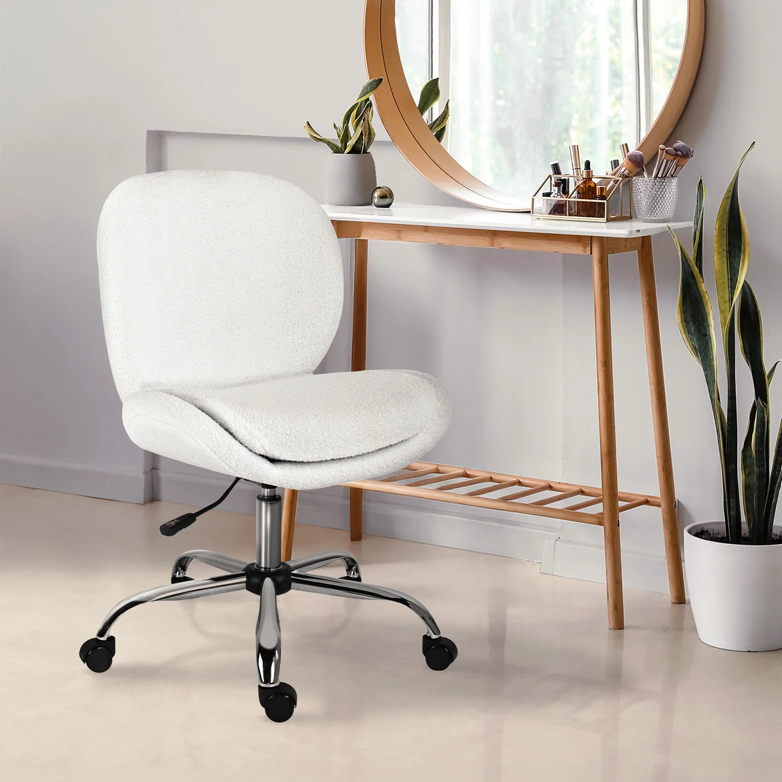 Office Desk Chair - Teddy Boucle Armless Swivel Study Seat OVOID WHITE - Image 5