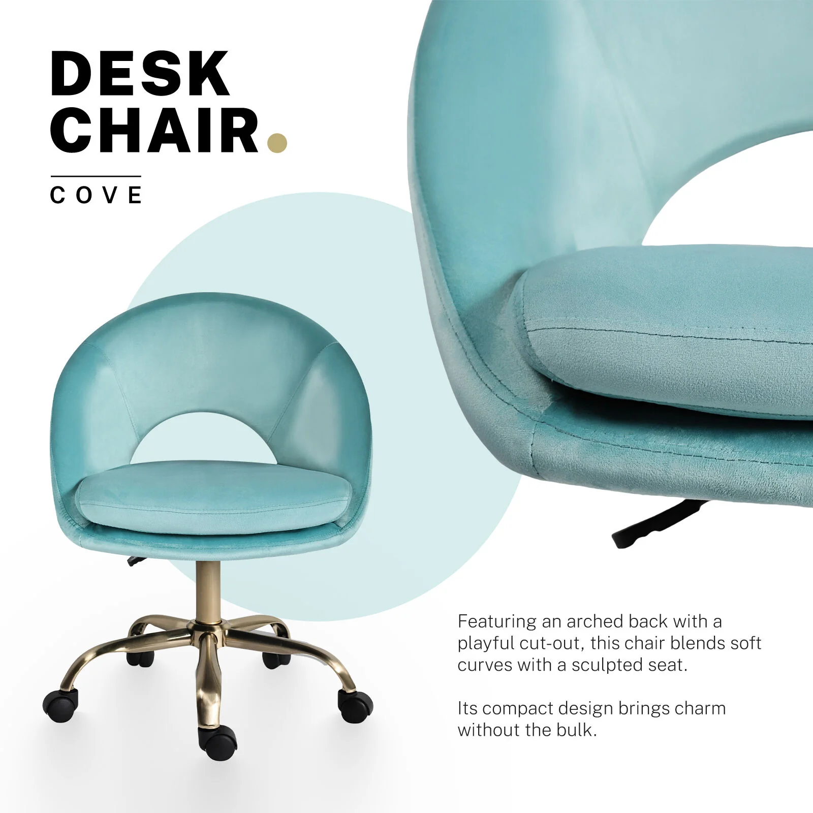 Office Desk Chair - Velvet Home Office Swivel Computer Seat COVE BLUE - Image 2