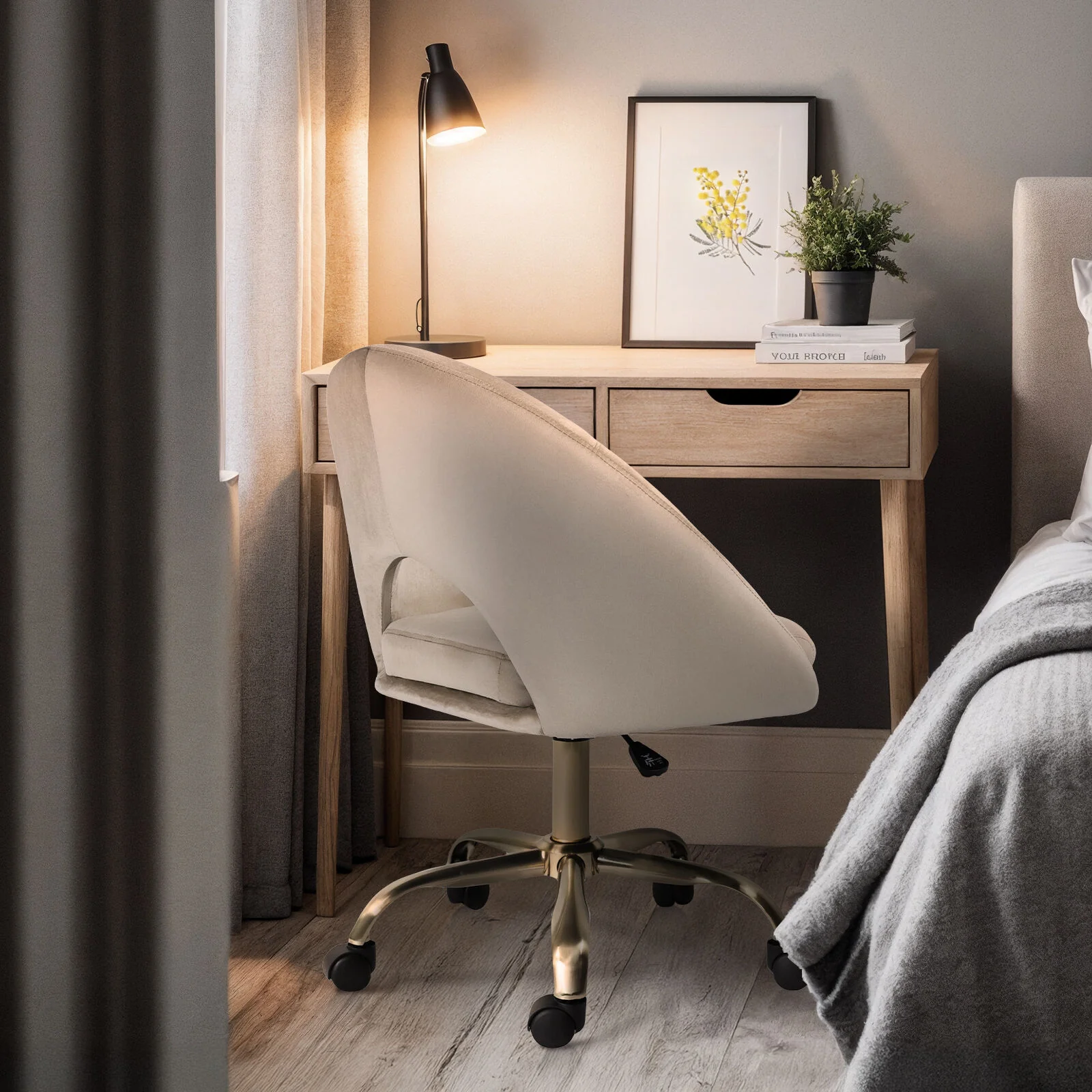 Office Desk Chair - Velvet Home Office Swivel Computer Seat COVE CREAM - Image 7
