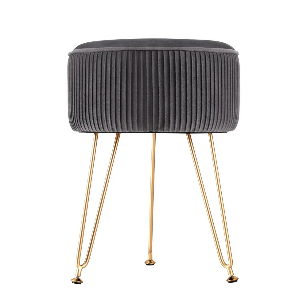 Ottoman Foot Stool Velvet Stripe Round Grey - Image 3