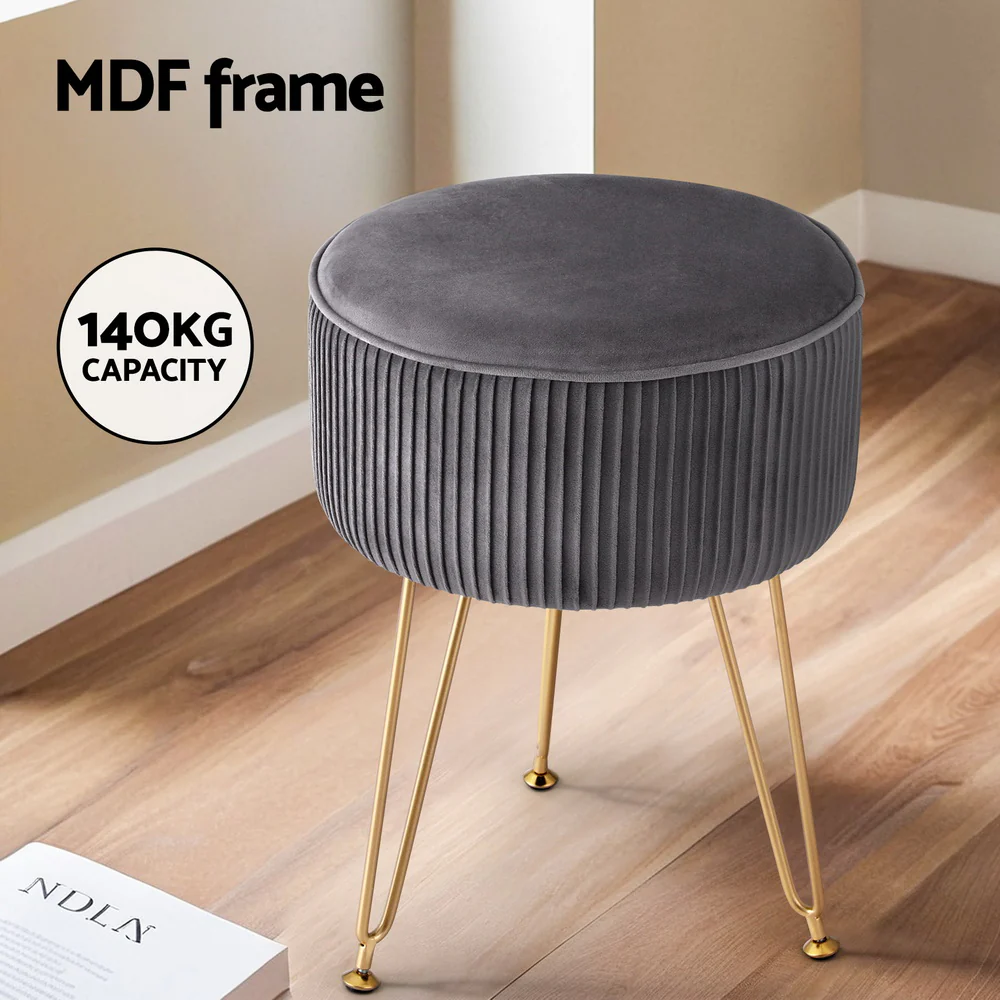 Ottoman Foot Stool Velvet Stripe Round Grey - Image 4