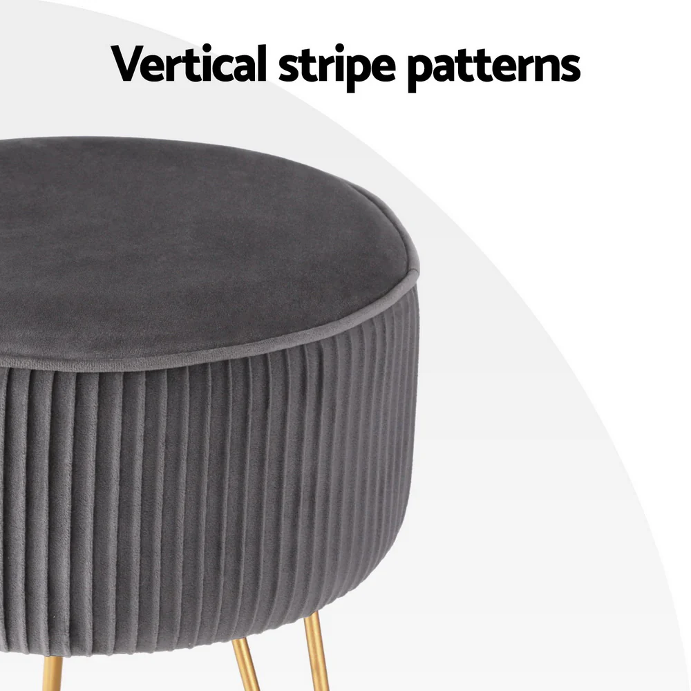 Ottoman Foot Stool Velvet Stripe Round Grey - Image 5