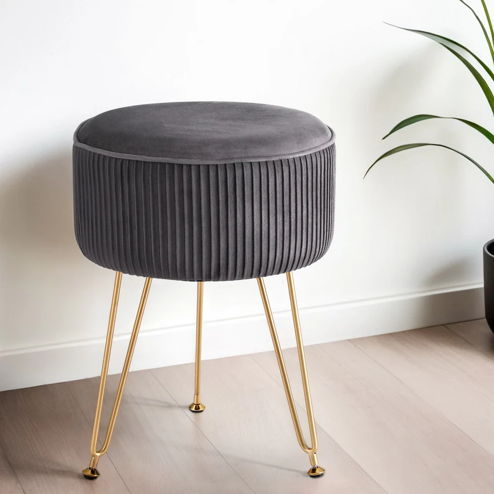 Ottoman Foot Stool Velvet Stripe Round Grey - Image 7