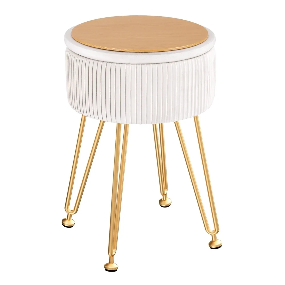 Ottoman Storage Foot Stool Velvet Round White - Image 3