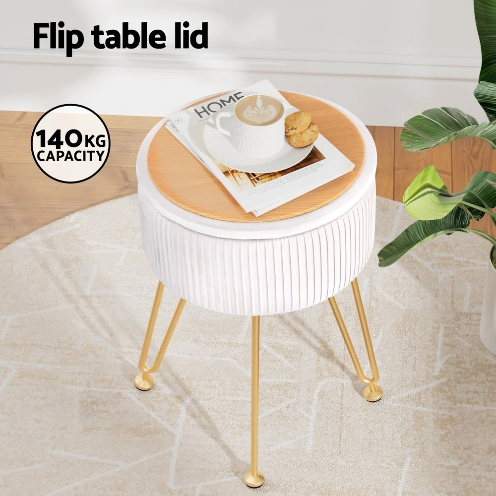 Ottoman Storage Foot Stool Velvet Round White - Image 4