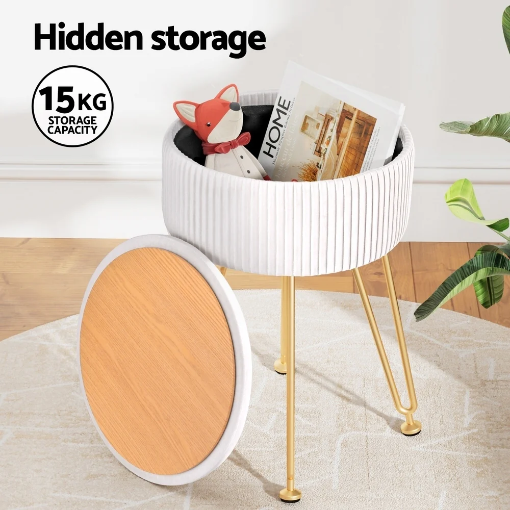 Ottoman Storage Foot Stool Velvet Round White - Image 5