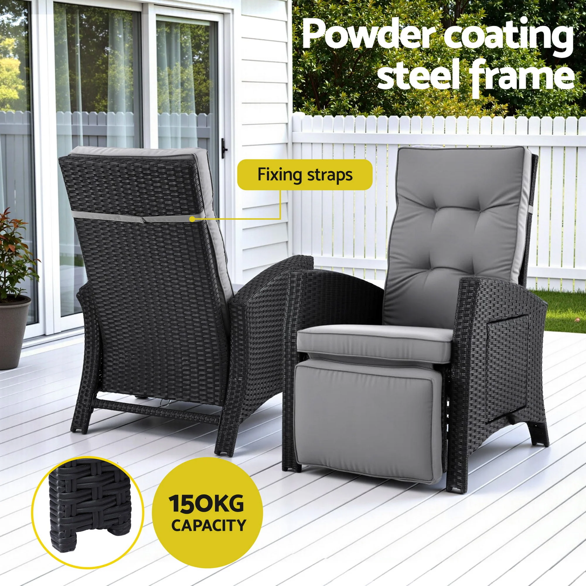 Outdoor Adjustable Recliner Sun Lounge Wicker Patio Chair - Black - Image 6