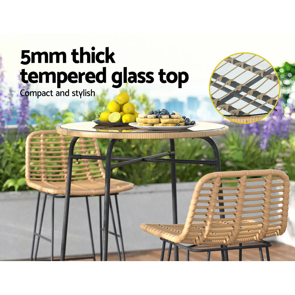 Outdoor Bar Table Wicker Dining Bistro Patio Balcony Glass Table Steel - Image 6