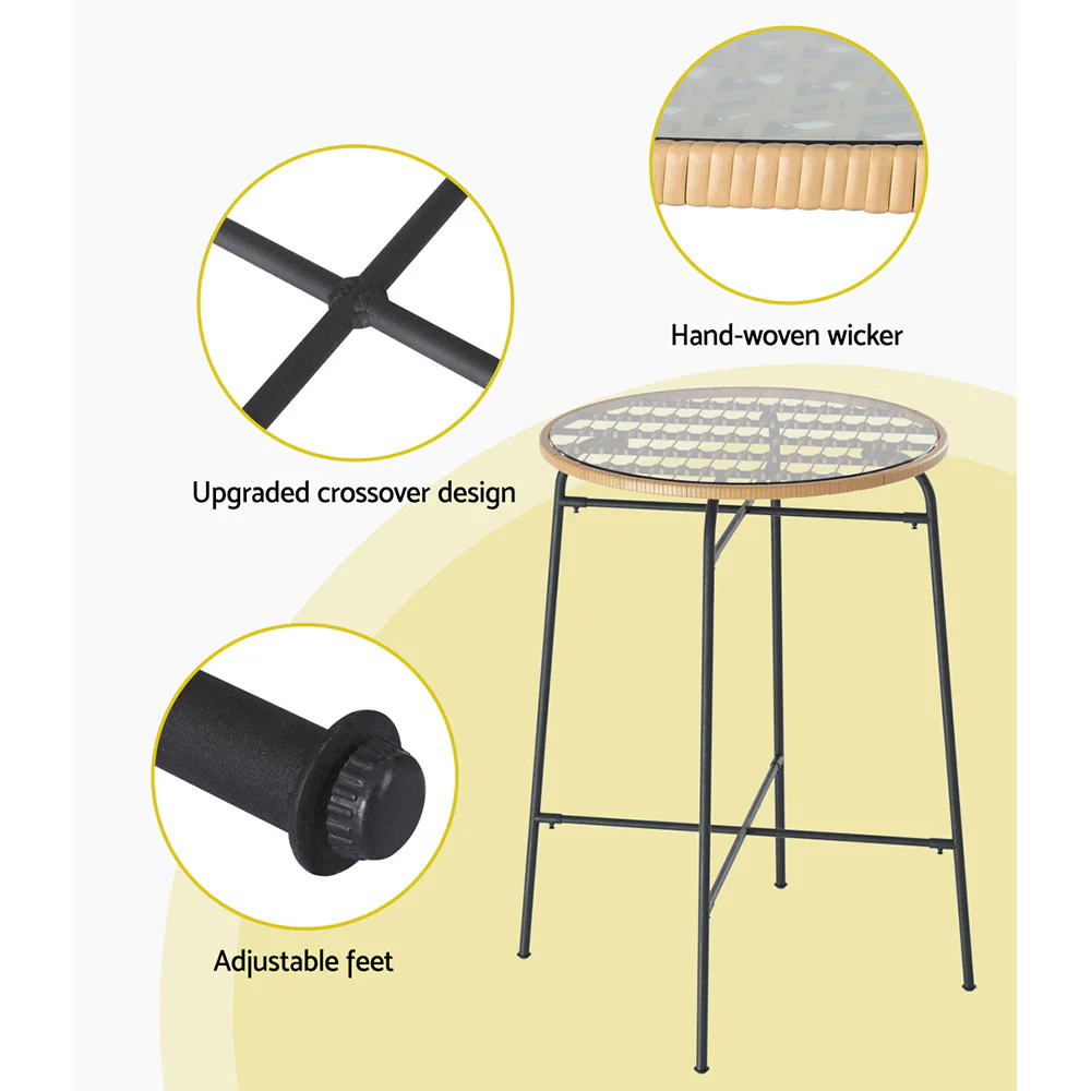 Outdoor Bar Table Wicker Dining Bistro Patio Balcony Glass Table Steel - Image 7
